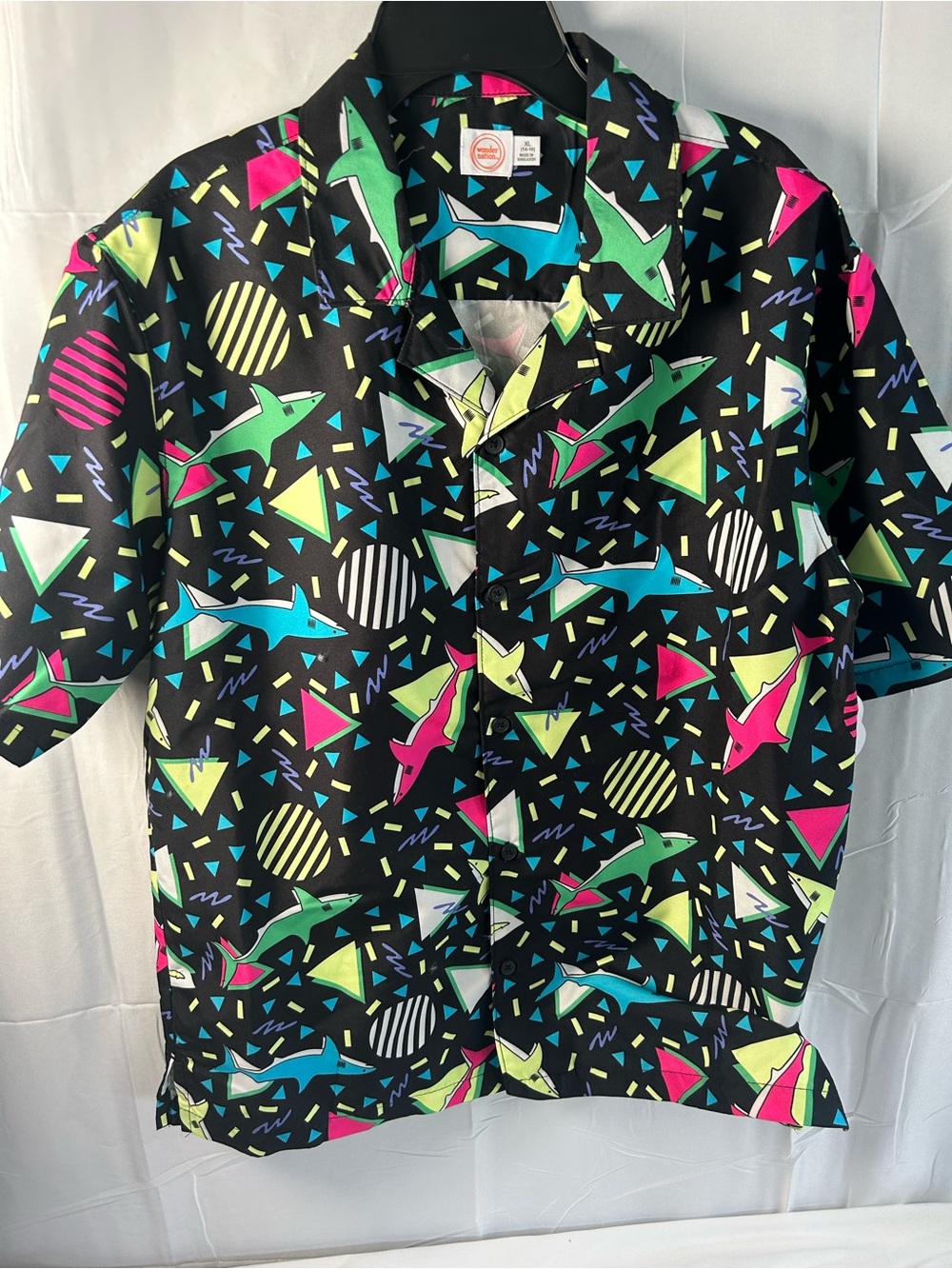 Boys’ Black Geometric Shark Print Short-Sleeve Shirt - Bright Multi-Color(14-16)